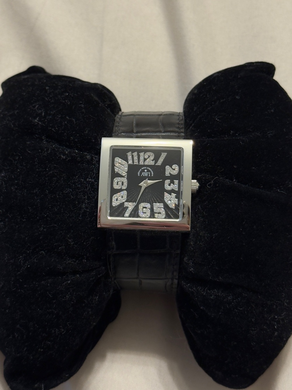 AWI Square Silver-Tone Black Dial Watch with Croc Leather Strap